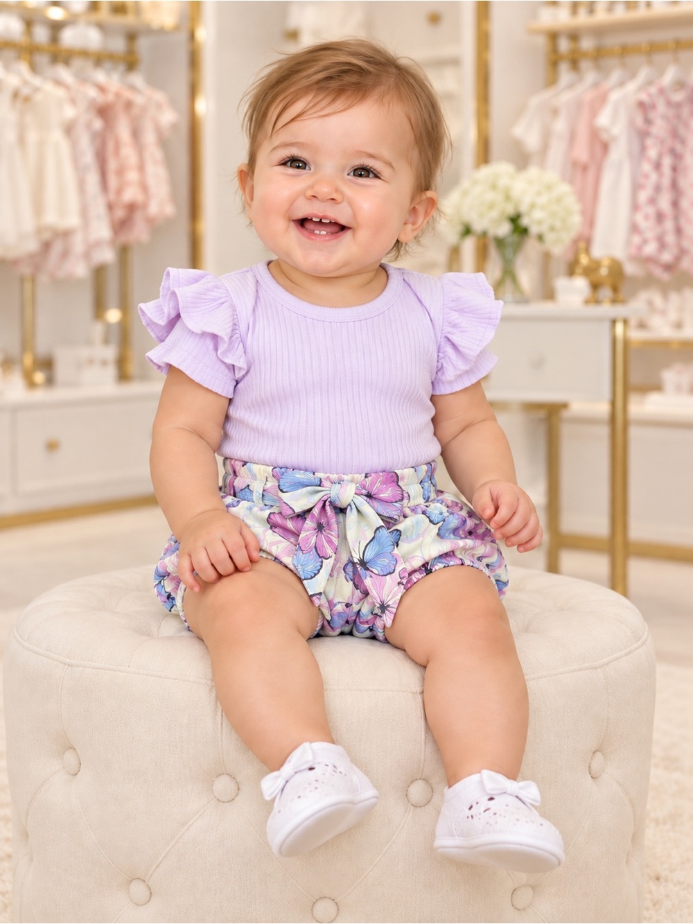 SHEIN Lilac Ruffle Sleeve Top with Pastel Butterfly Bloomers